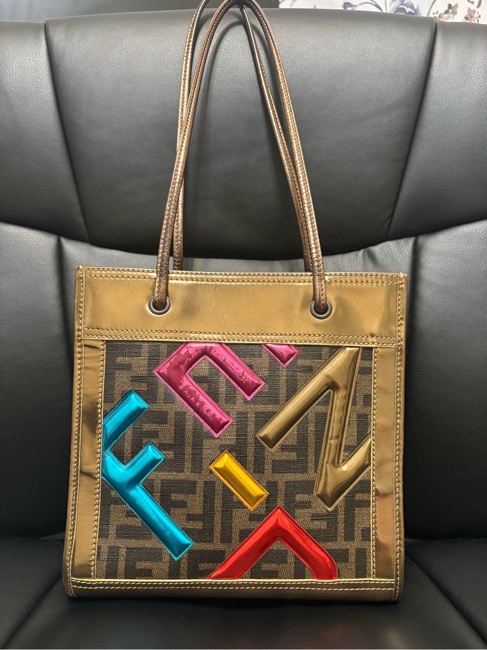 Fendi Gold metallic Zucca Coated Canvas small tote
